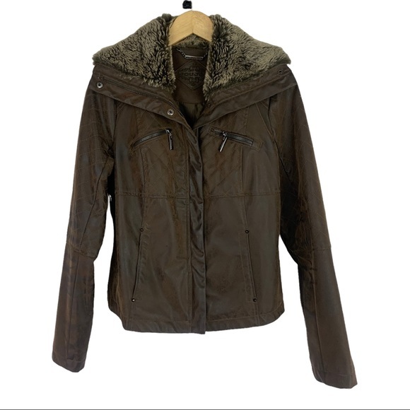 Jou Jou Faux Fur Vegan Quilted Leather Winter Jacket Brown Size Large Juniors - Picture 1 of 10